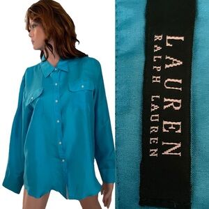 Lauren RALPH LAUREN Green Label Peacock Blue Button Down SHIRT Size 12
